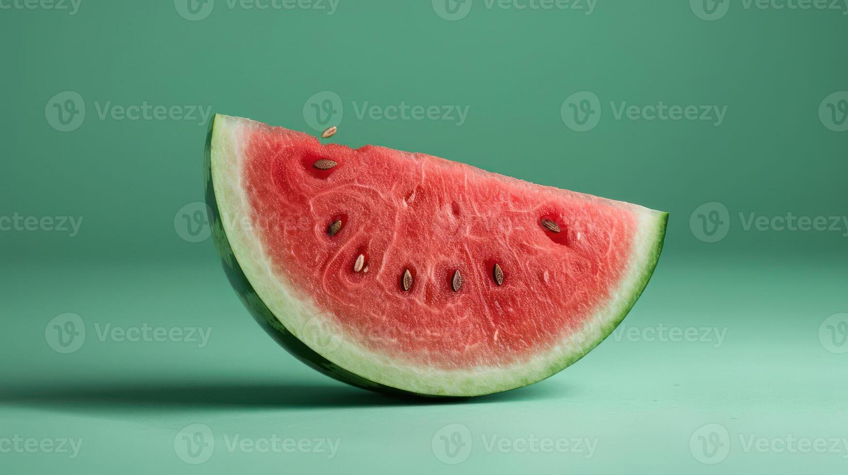 A slice of watermelon with a bite taken out, resting on a teal background. photo