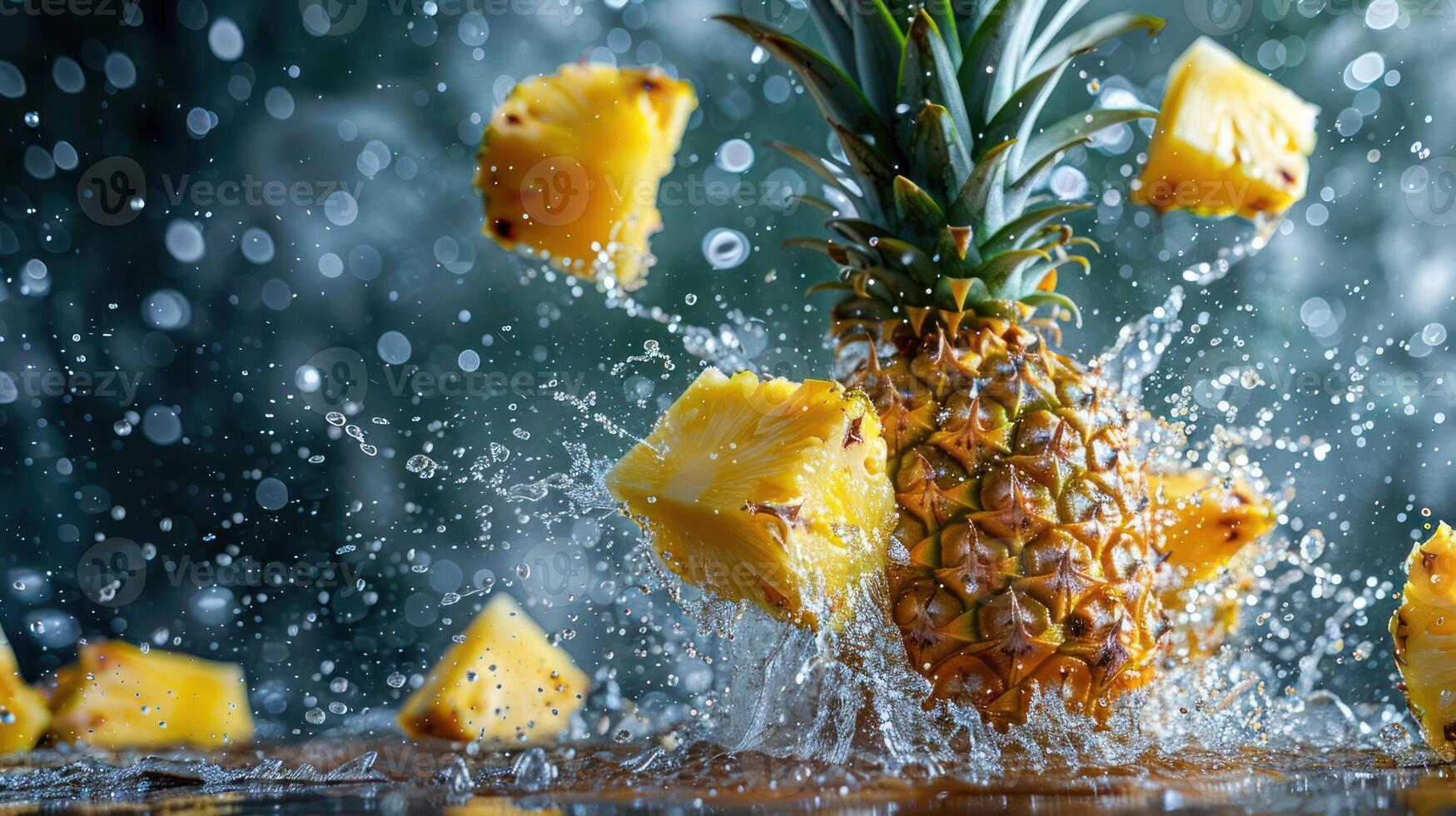 A pineapple splashes into water, with flying chunks creating a vibrant, refreshing scene. photo