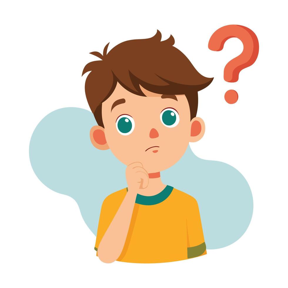 a flat illustration of a child thinking with yellow t shirt thinking face vector