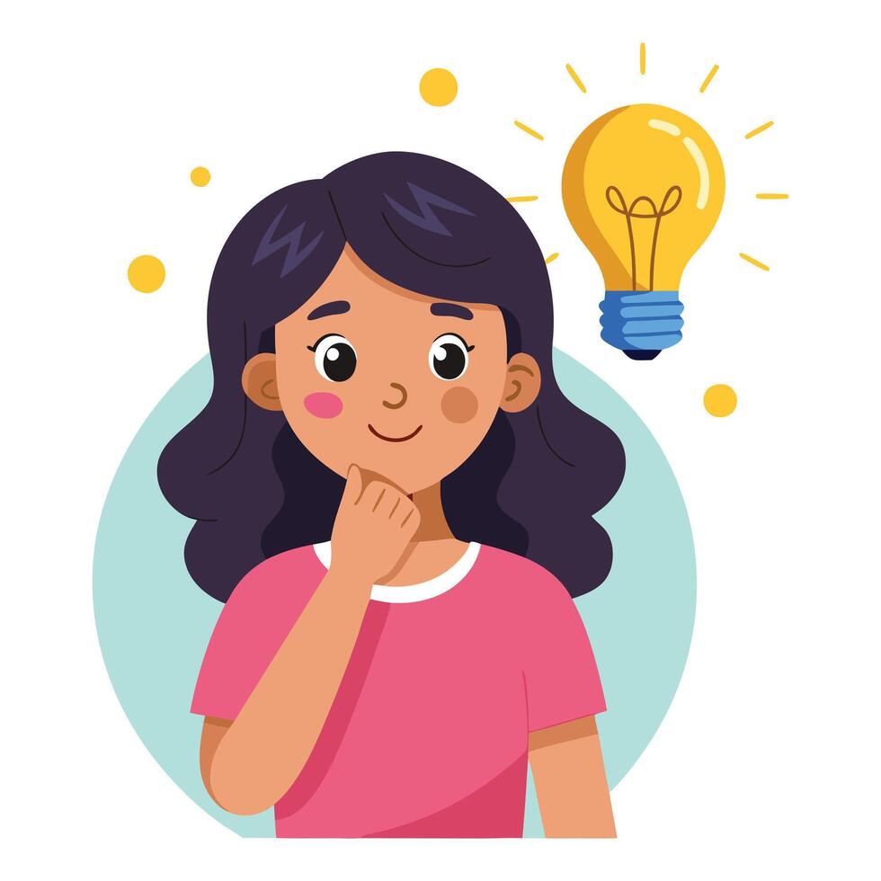 a flat illustration of a girl have an idea, a bulb and dark pink shirt vector