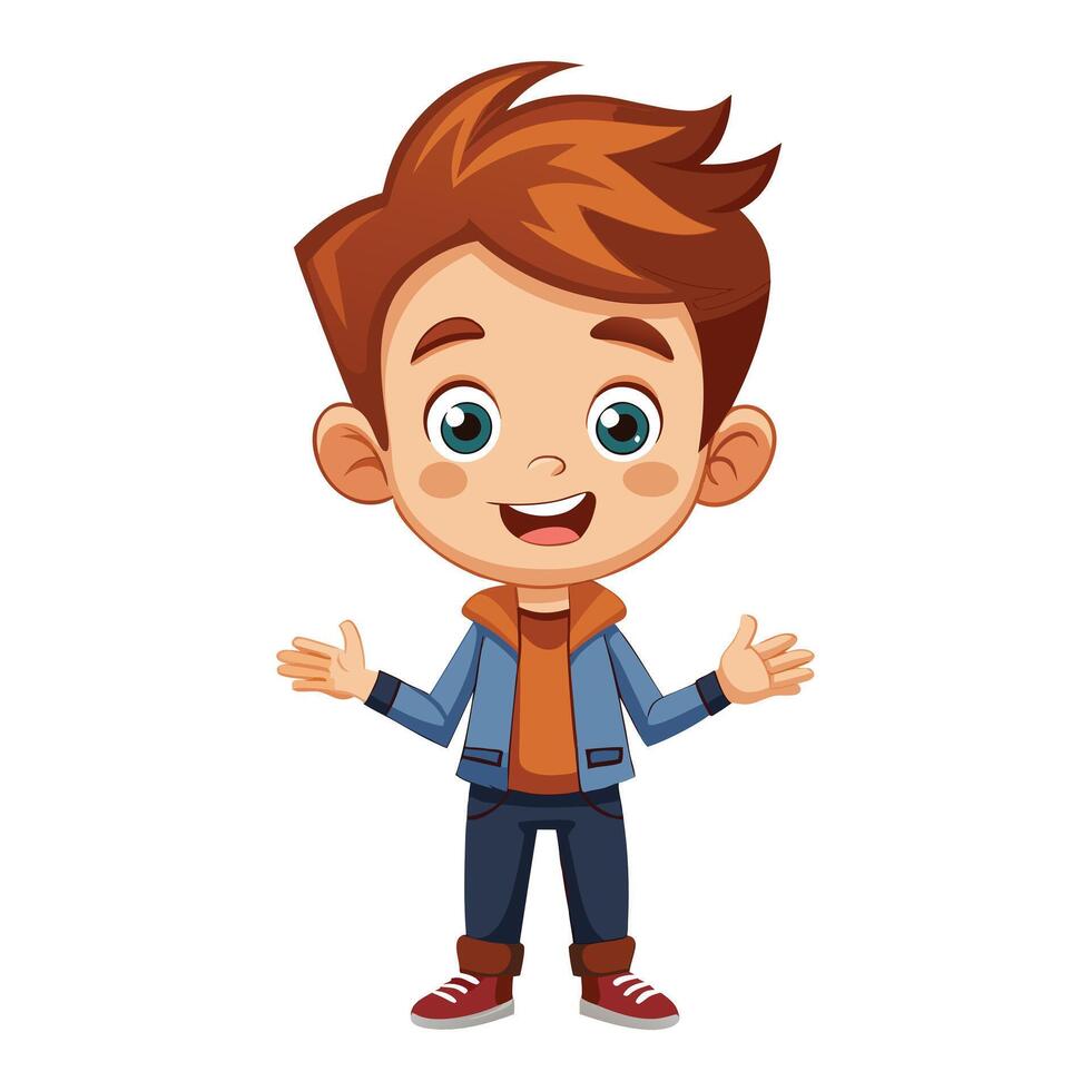 a flat illustration of a boy with a happy facial expression with blue jacket and brown hair vector