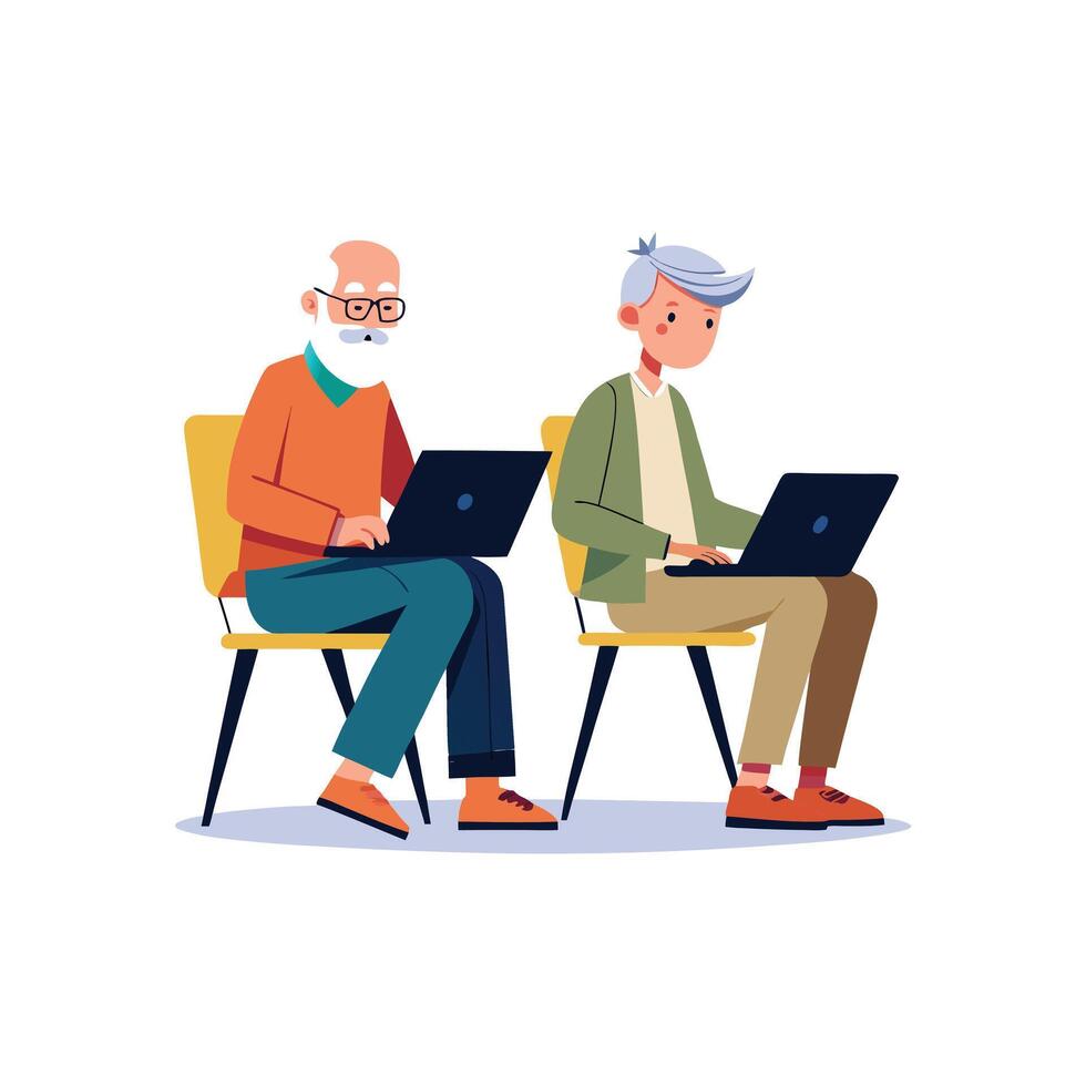 a flat illustration of two old men sitting in a chair working on laptop vector
