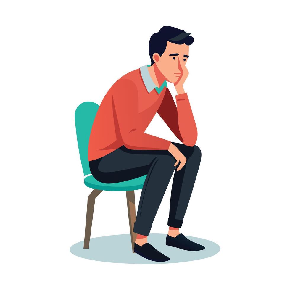 a flat illustration of a boy under stress sitting on a chair with and left hand under his chin vector