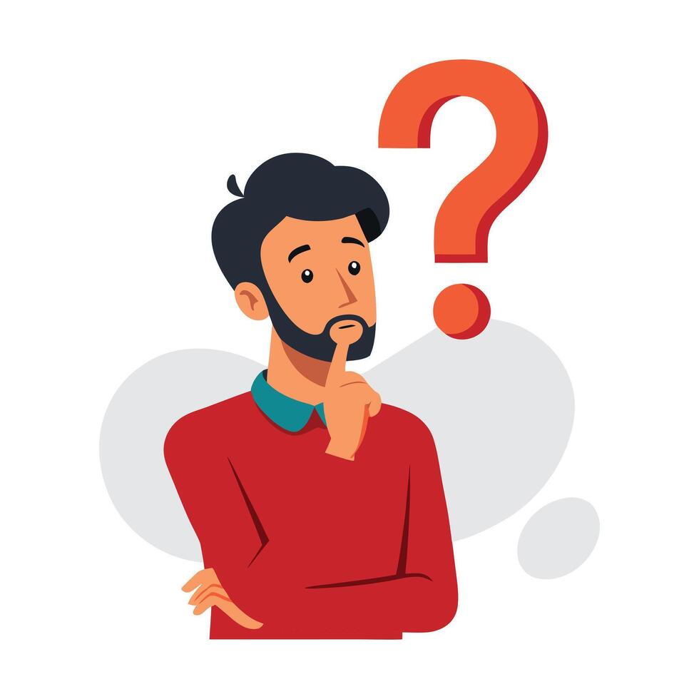 a flat illustration of a boy thinking, question mark red shirt vector