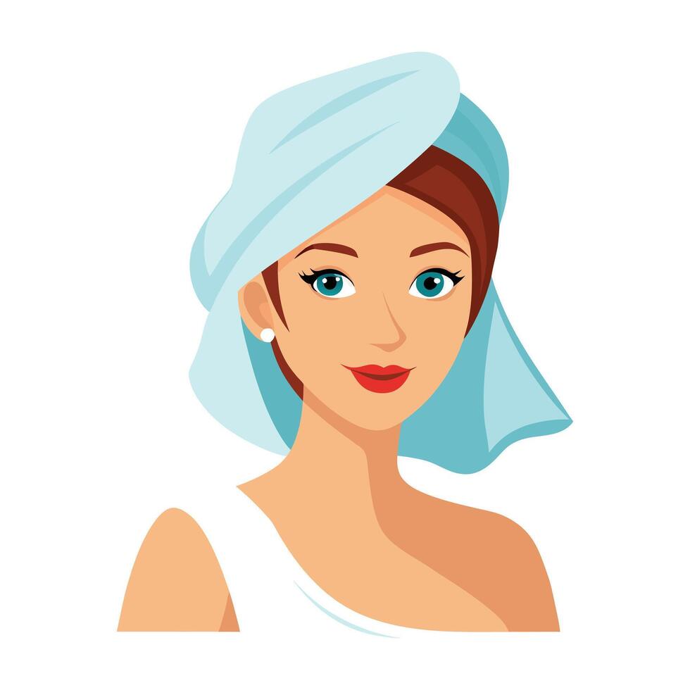 a flat illustration of a girl with a hair towel with a blue towel vector
