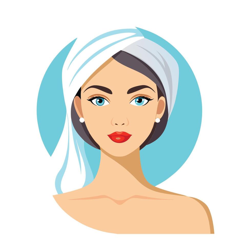 a flat illustration of a girl with a hair towel with a blue background vector