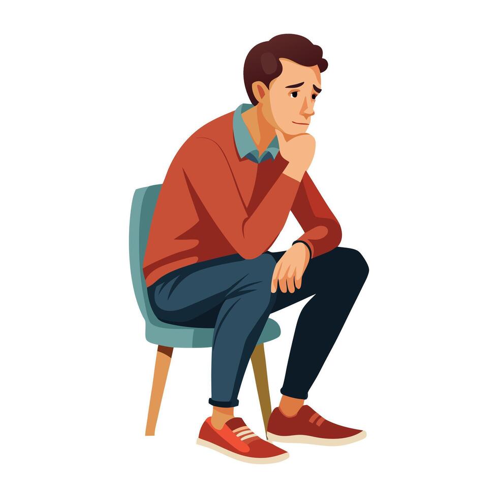 a flat illustration of a boy under stress sitting on a chair with and right hand under his chin vector