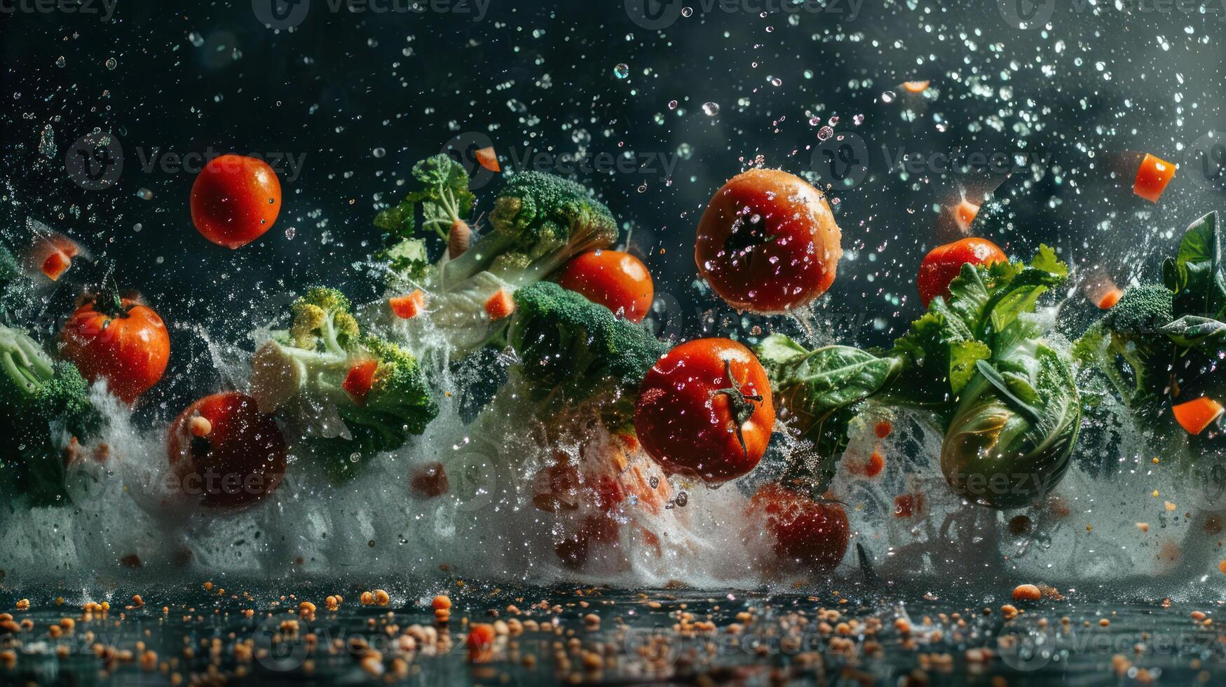 Vibrant splash of fresh vegetables and water, emphasizing freshness and culinary creativity. photo