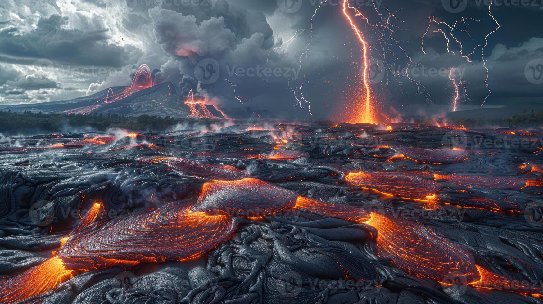 A dramatic volcanic eruption with flowing lava and lightning in a stormy sky. photo