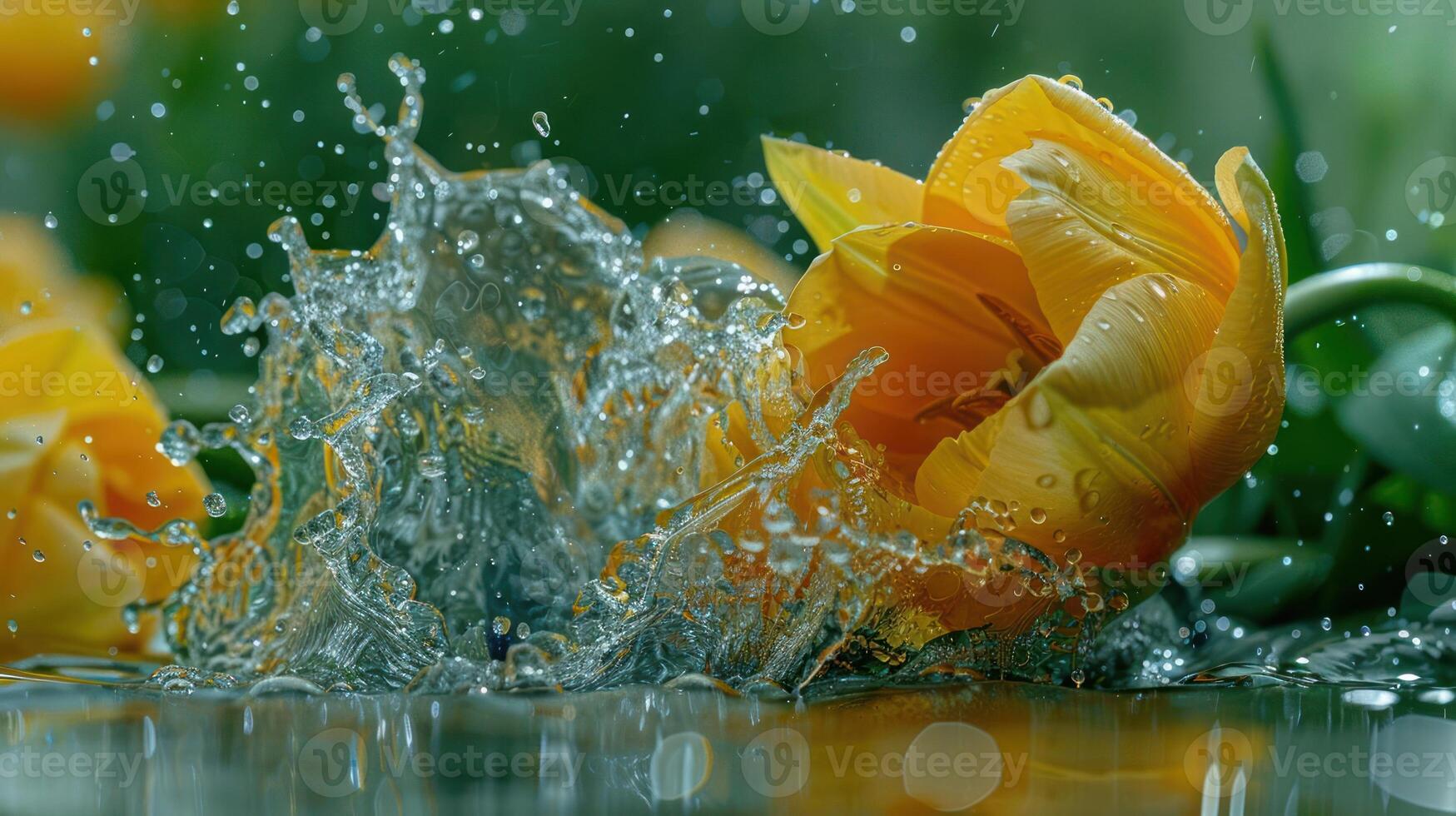 A vibrant yellow tulip splashes in water, capturing the essence of nature's beauty. photo