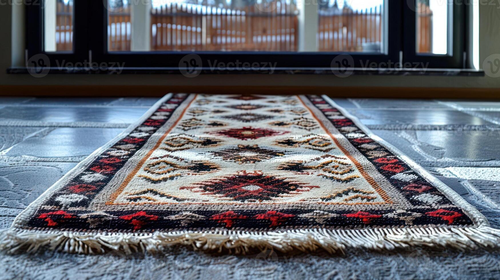 A decorative rug laid on a stone floor, leading to a window with a snowy outdoor view. photo