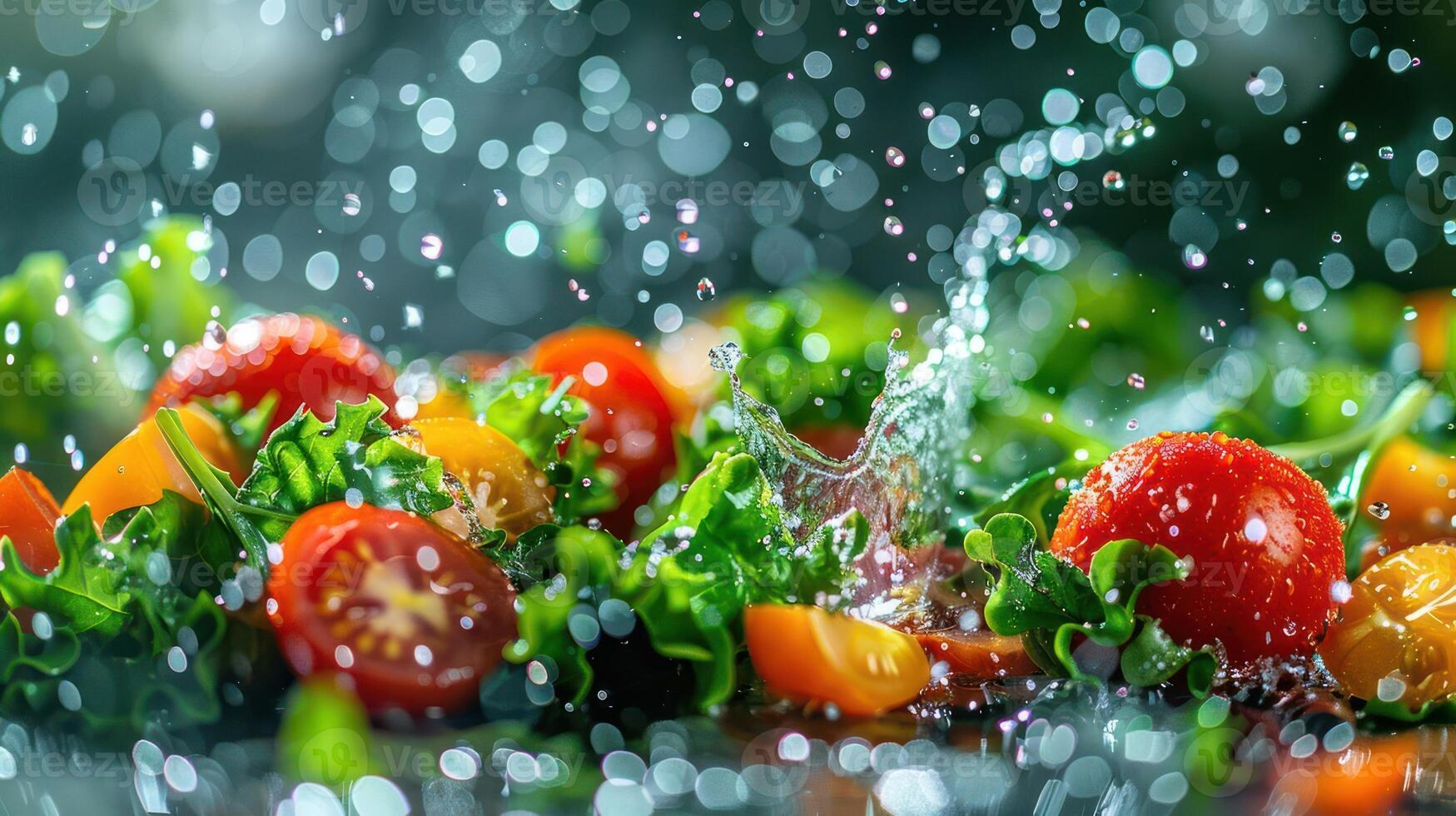 Fresh vegetables splashed with water, highlighting vibrant colors and textures. photo