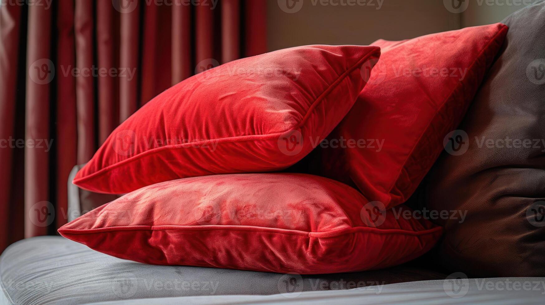 A cozy arrangement of plush red pillows on a sofa, enhancing comfort and decor. photo
