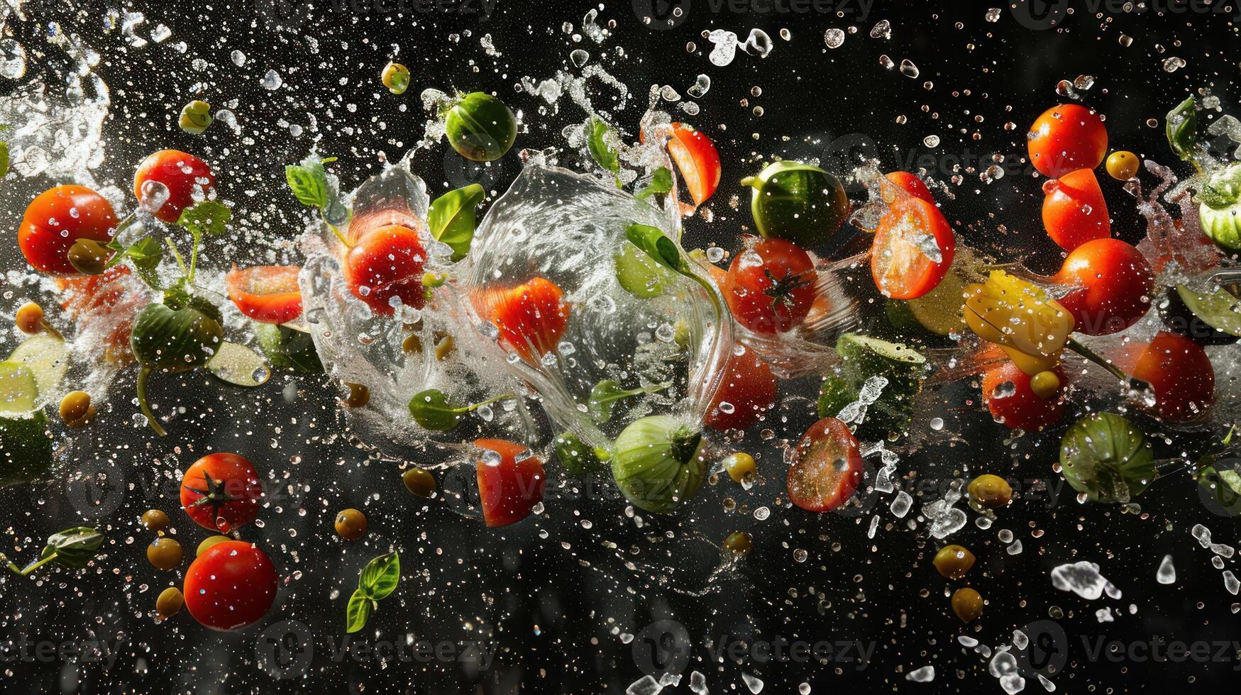 A dynamic splash of various fruits and vegetables in water, showcasing freshness and vitality. photo