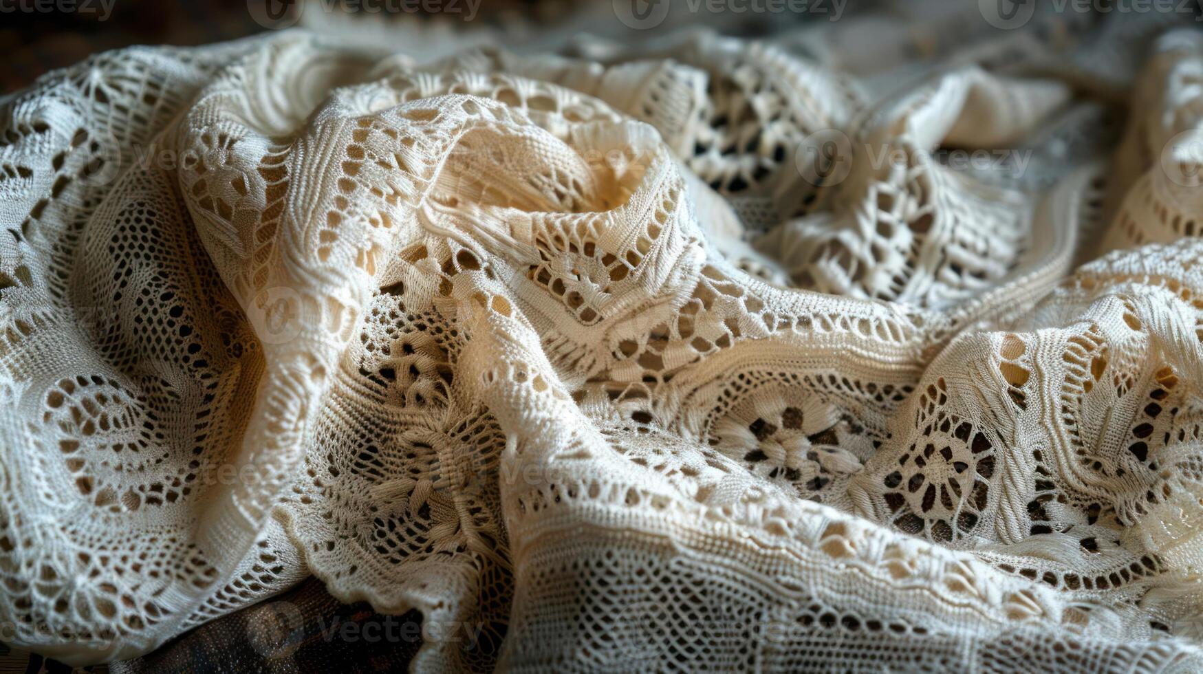A close-up of intricate lace fabric, showcasing its delicate patterns and textures. photo
