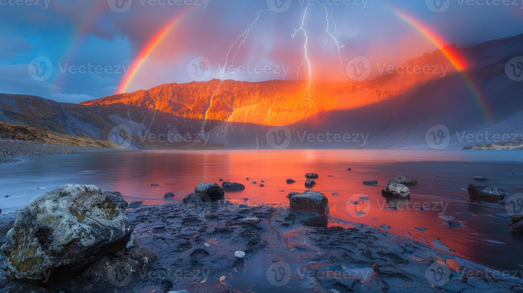 A stunning landscape with a rainbow, lightning, and a serene lake at sunset. photo