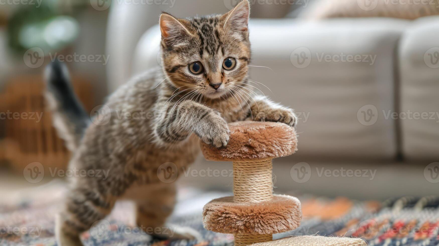 A playful kitten interacts with a scratching post in a cozy indoor environment. photo