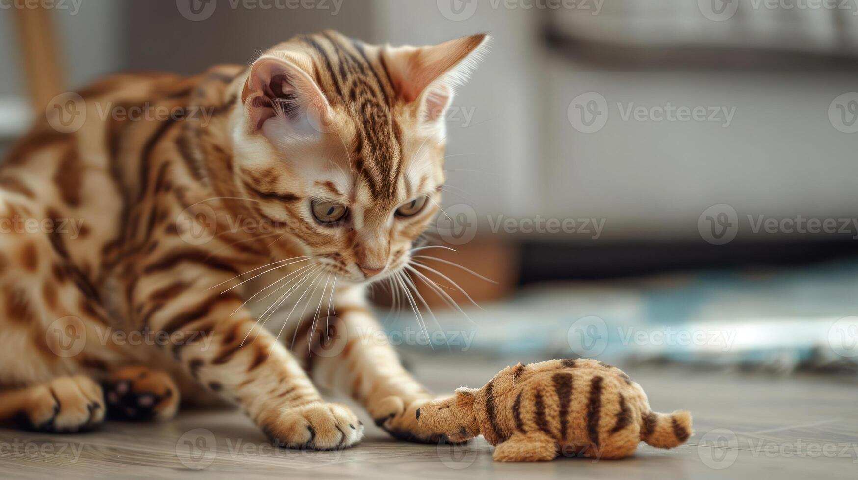 A Bengal cat curiously examines a small toy turtle on a wooden floor. photo