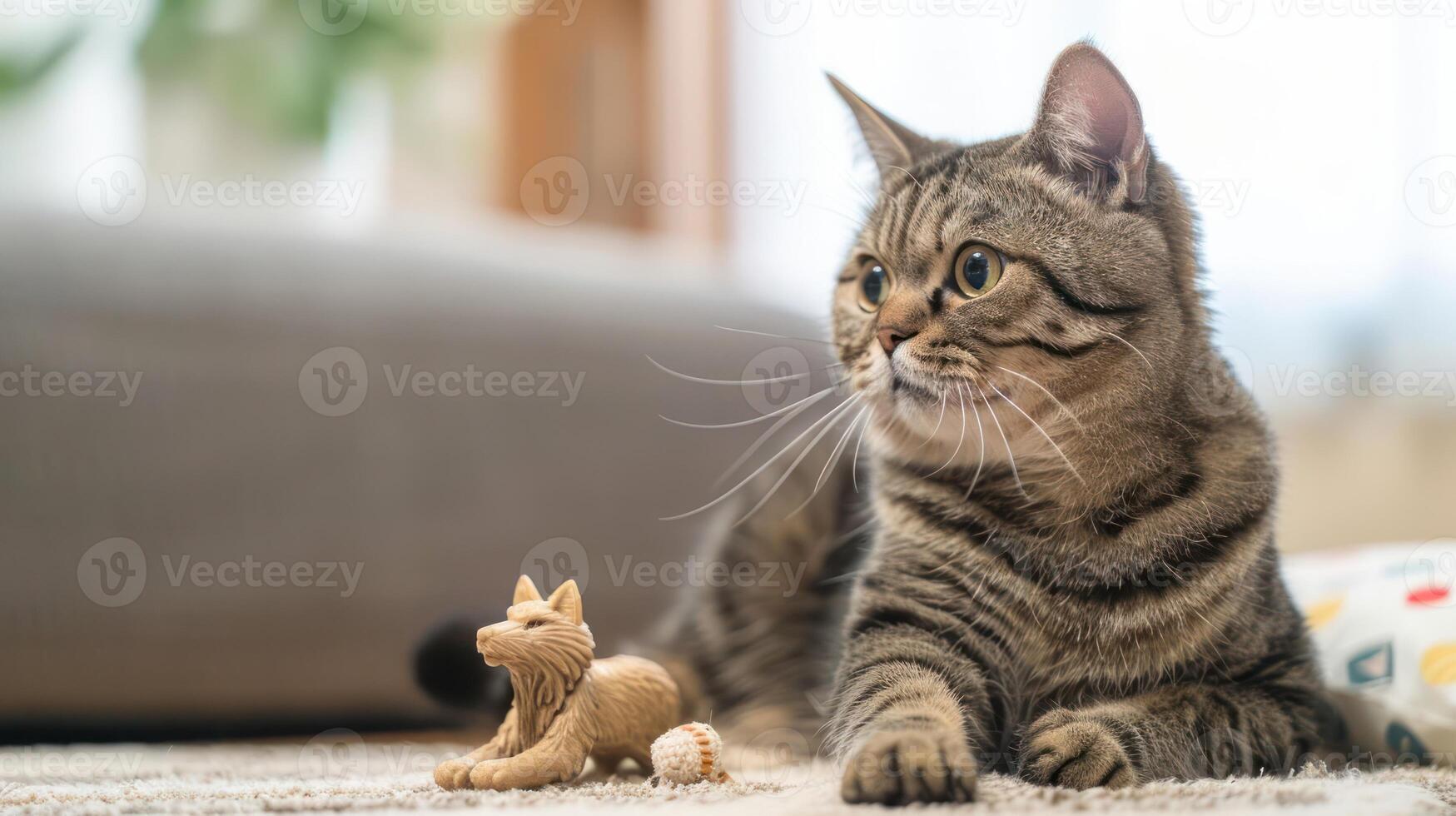 A tabby cat sits beside a small toy cat and a baseball on a cozy rug. photo