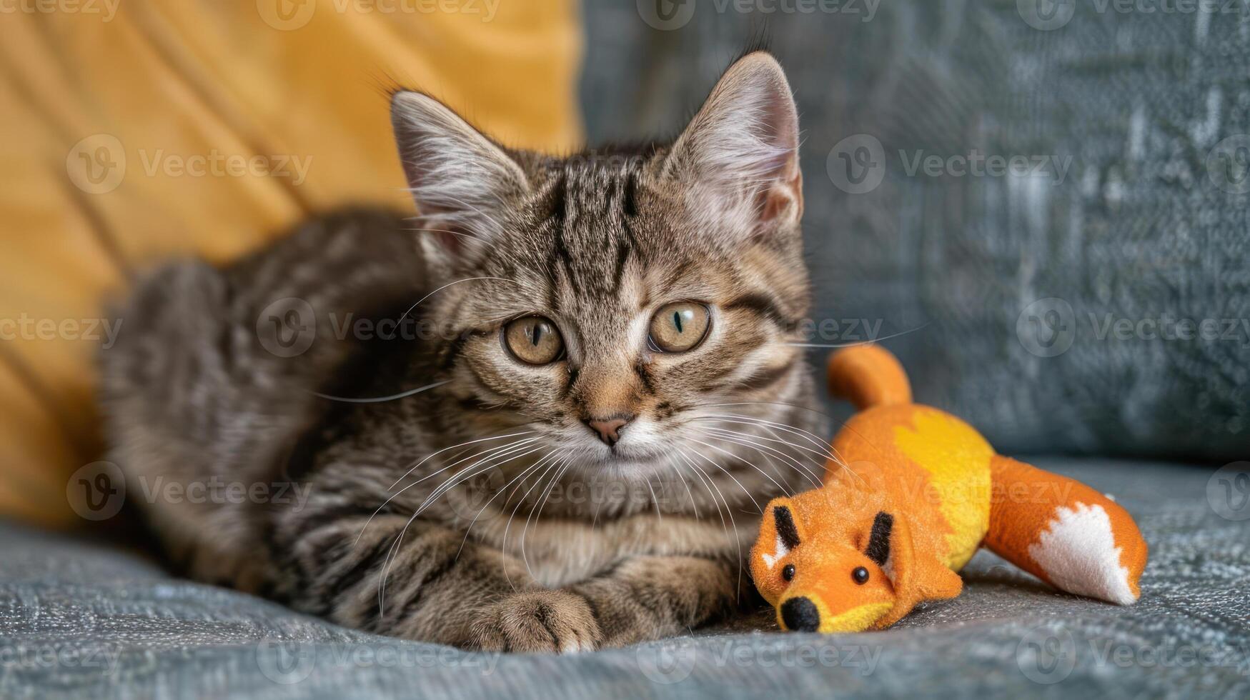 A playful tabby cat lies beside a stuffed fox toy on a cozy couch. photo
