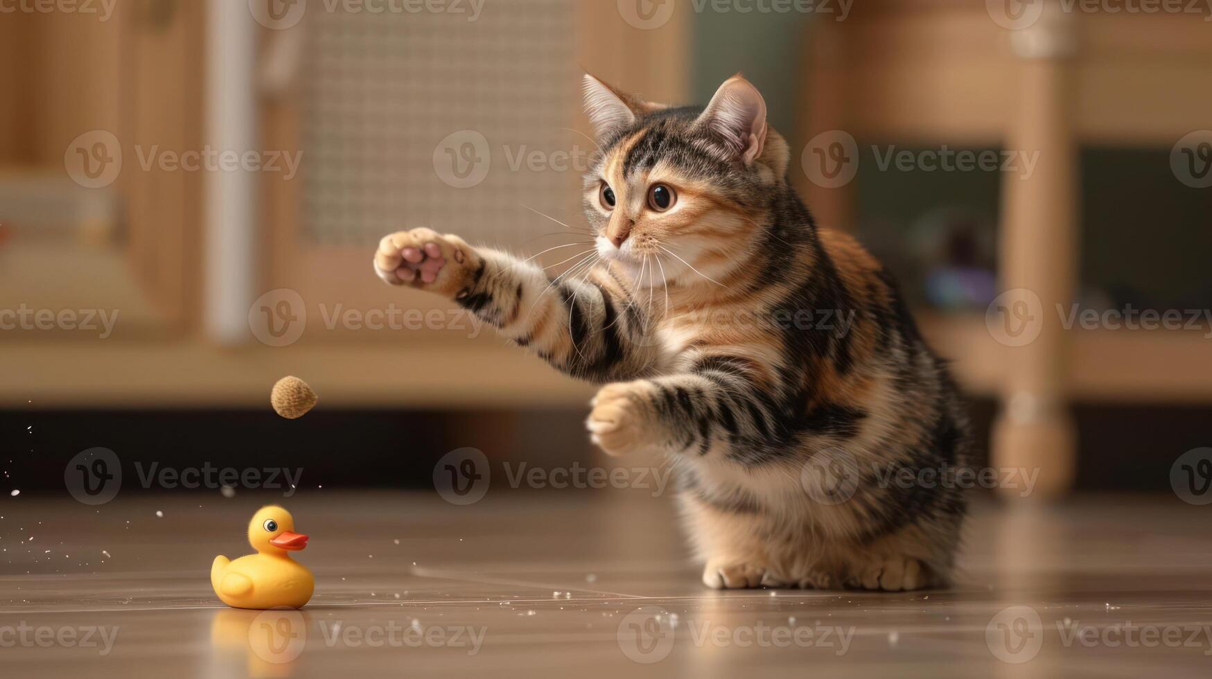 A playful cat reaching for a toy duck and a treat on the floor. photo