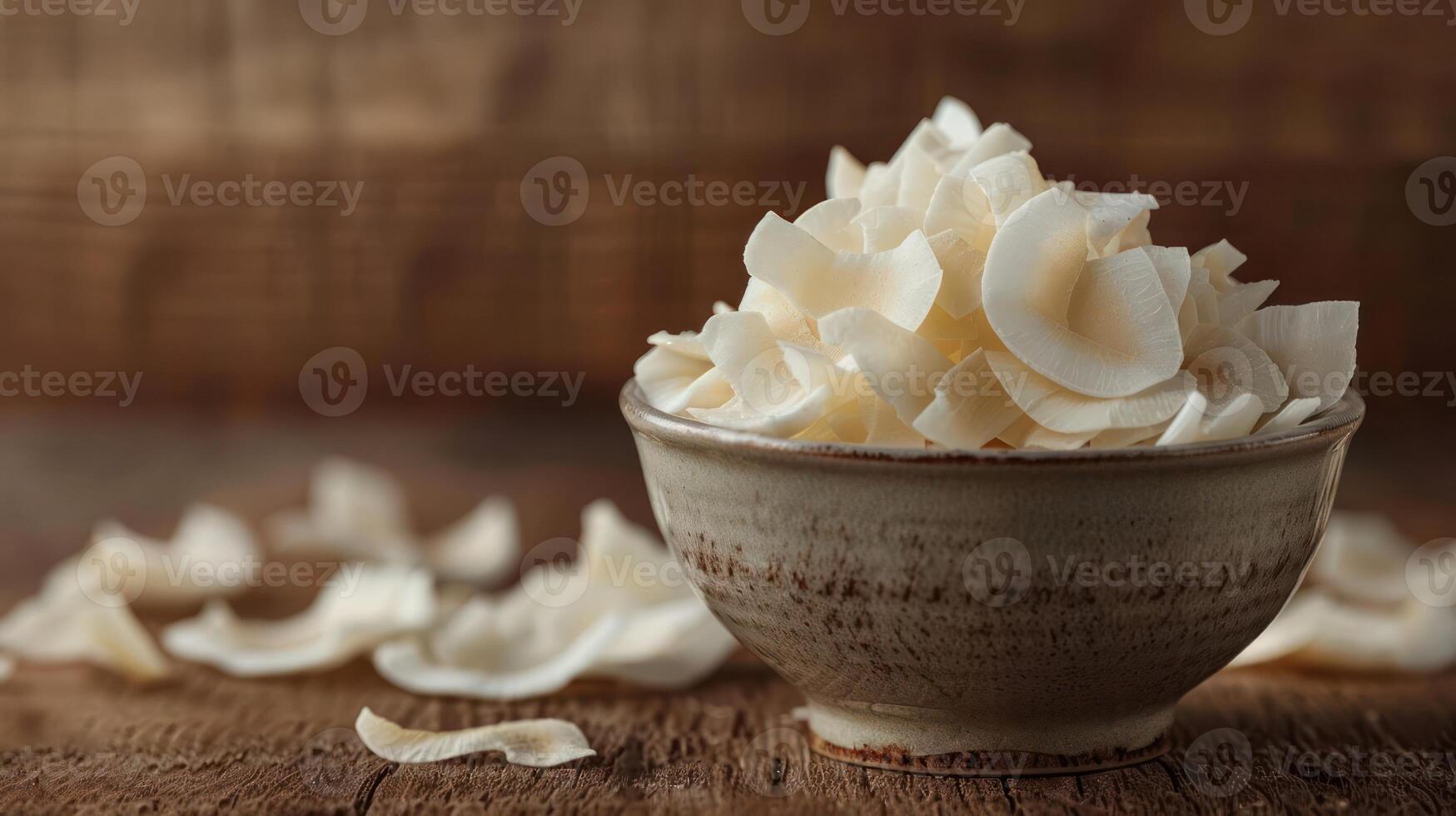 A bowl of coconut flakes on a wooden surface, with scattered flakes around it. photo