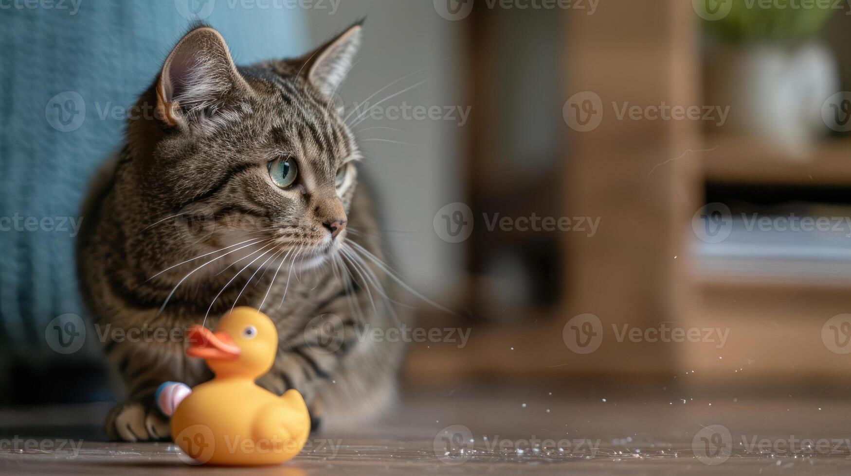 A playful tabby cat curiously observes a rubber duck on a wooden floor. photo