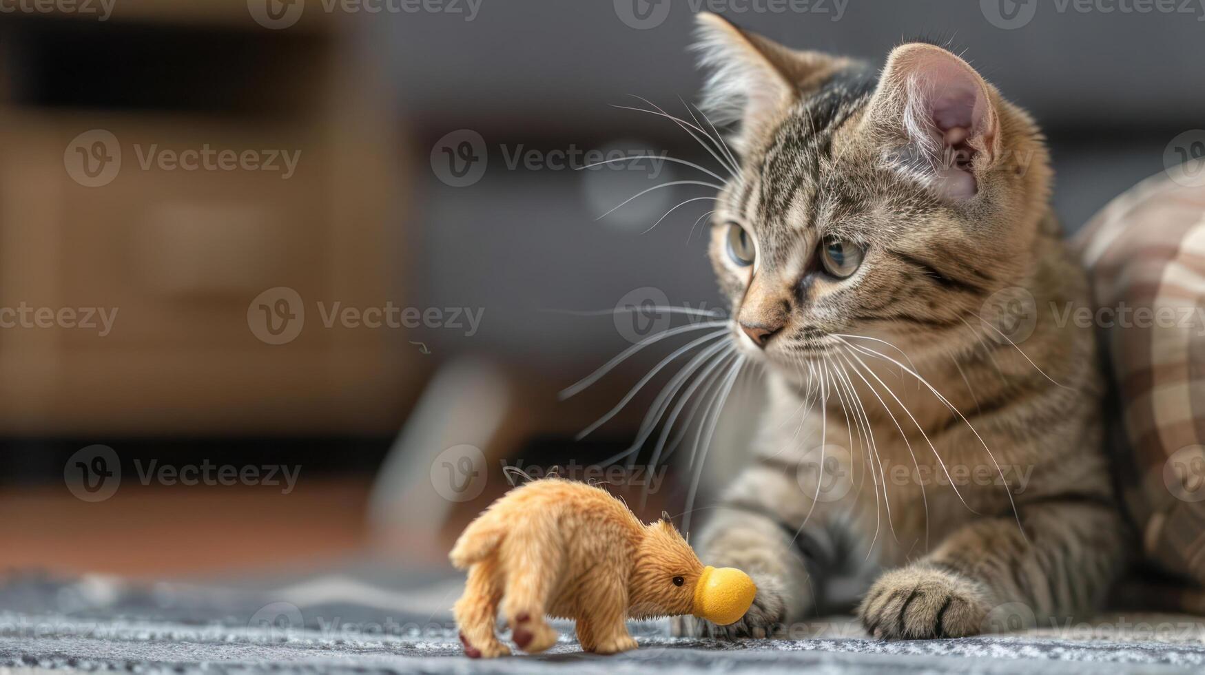 A curious cat interacts with a small toy on a cozy rug. photo