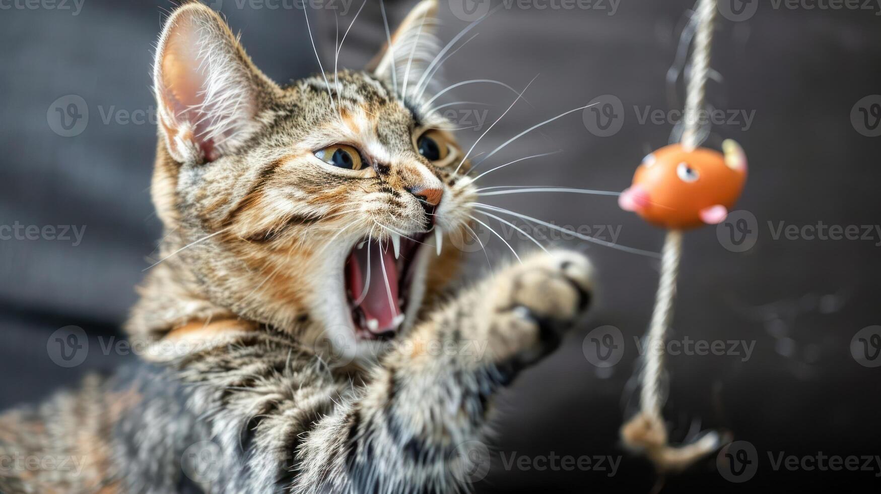 A playful kitten reaching for a toy on a string, showcasing its excitement and curiosity. photo