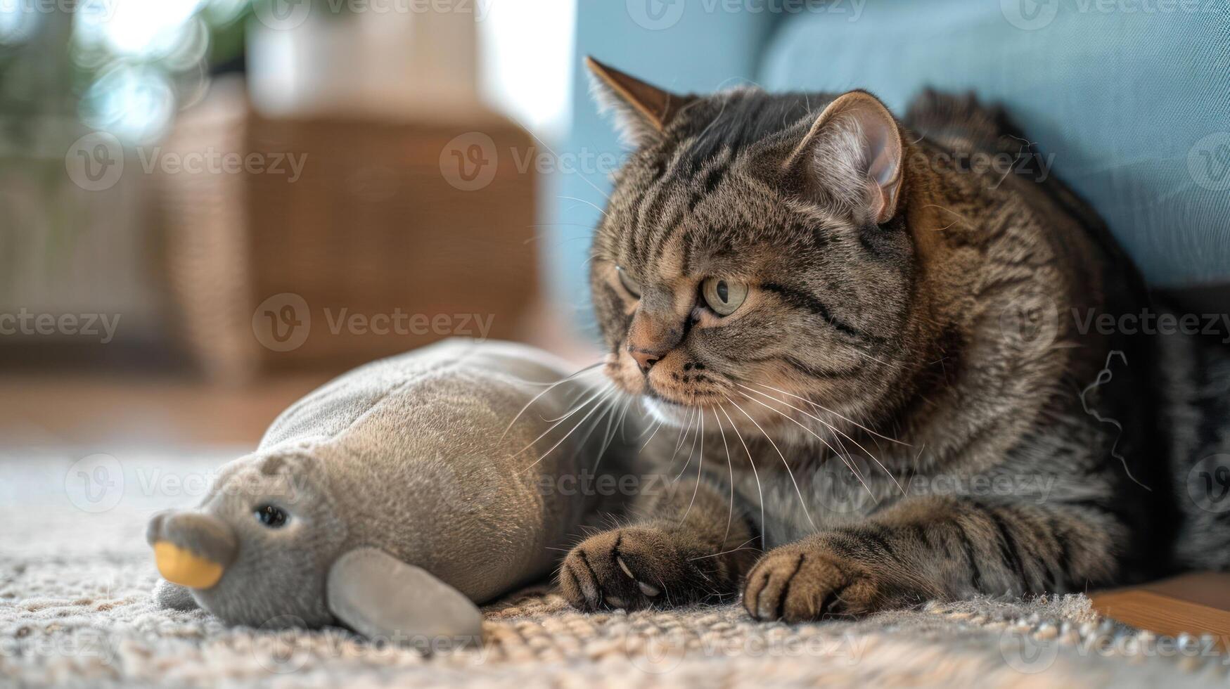 A tabby cat lying next to a plush toy, creating a cozy and playful atmosphere. photo