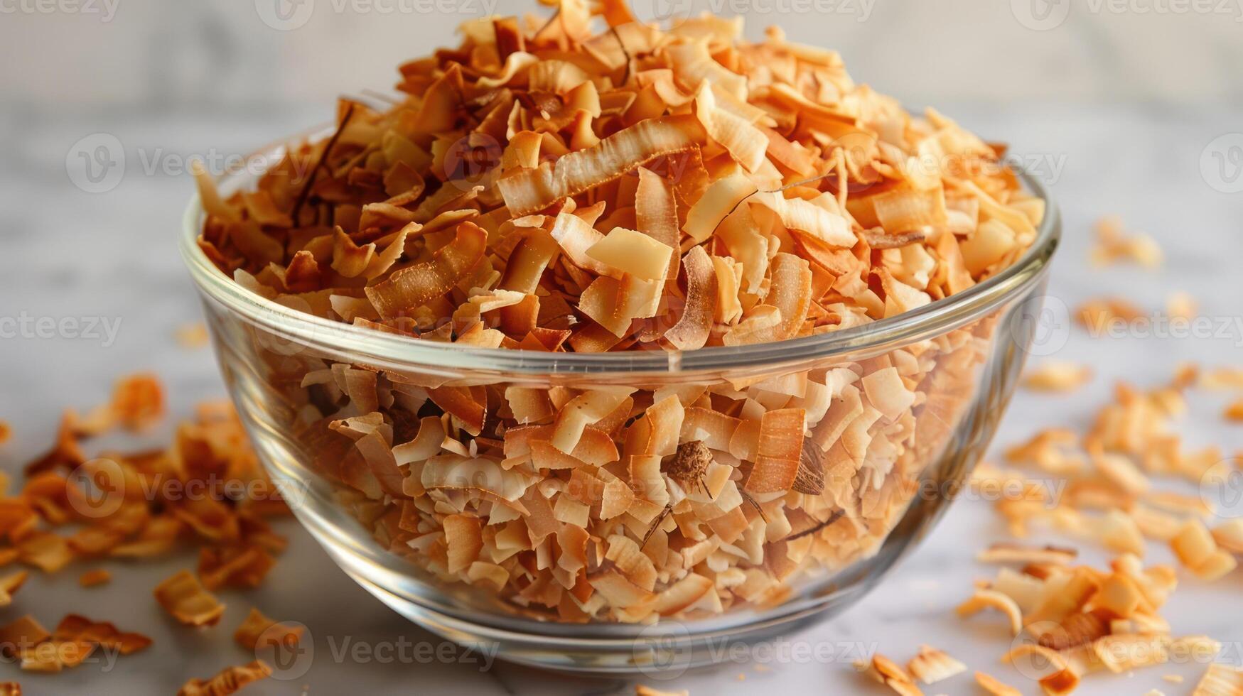 A bowl filled with toasted coconut flakes, ideal for baking or as a topping. photo