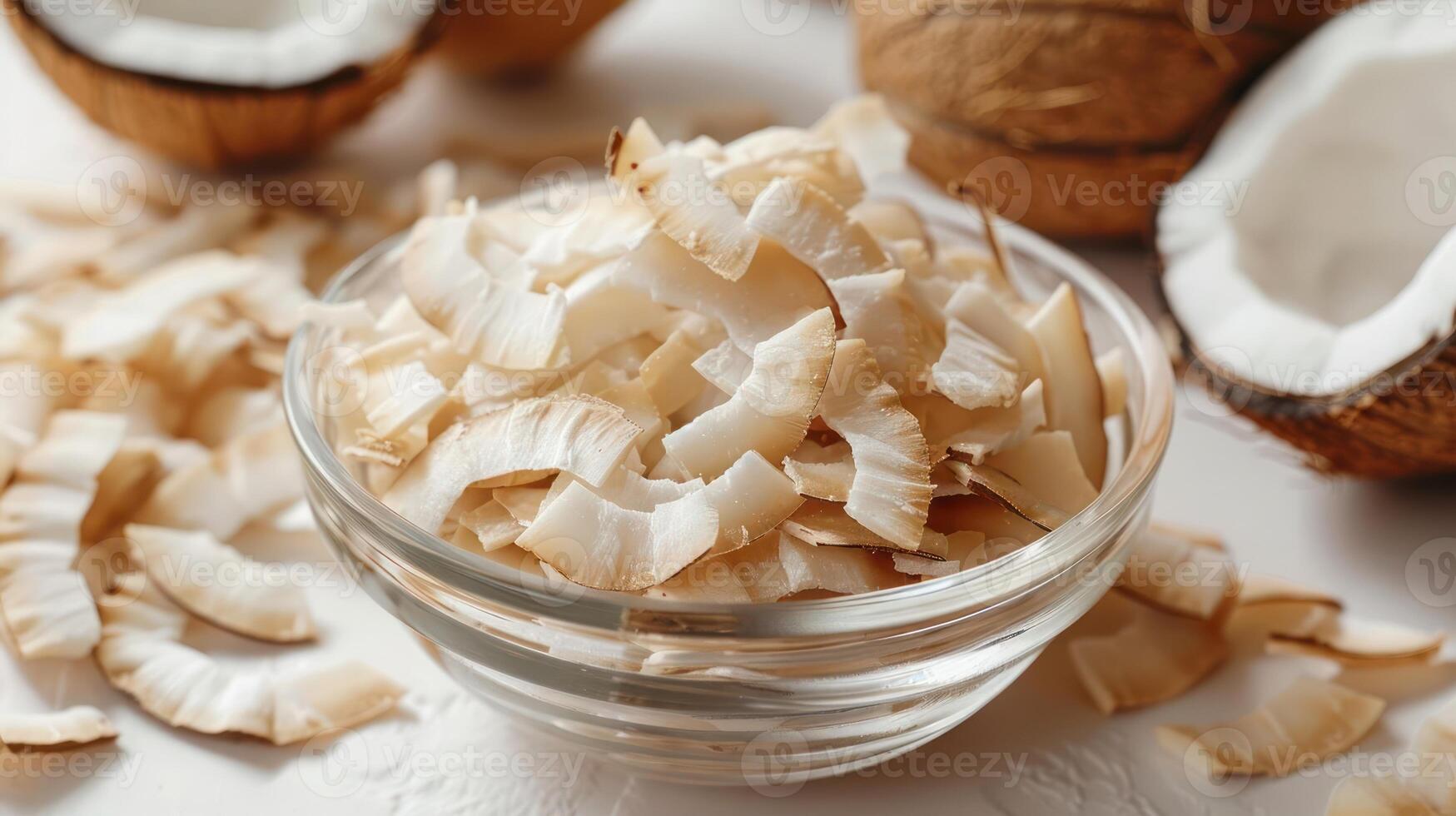 A bowl of coconut flakes surrounded by whole coconuts on a light surface. photo