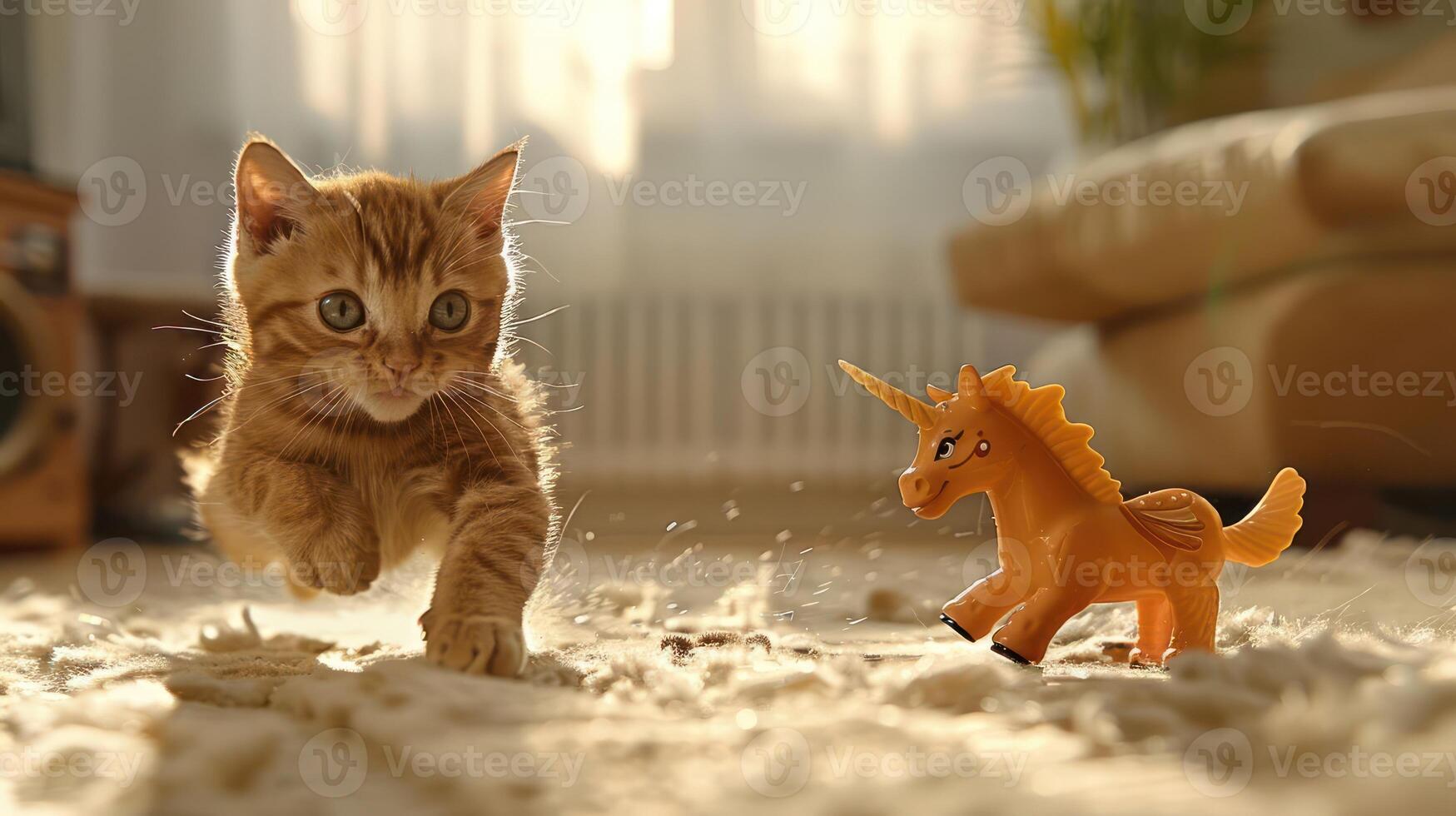 A playful kitten leaps towards a toy unicorn in a sunlit room. photo