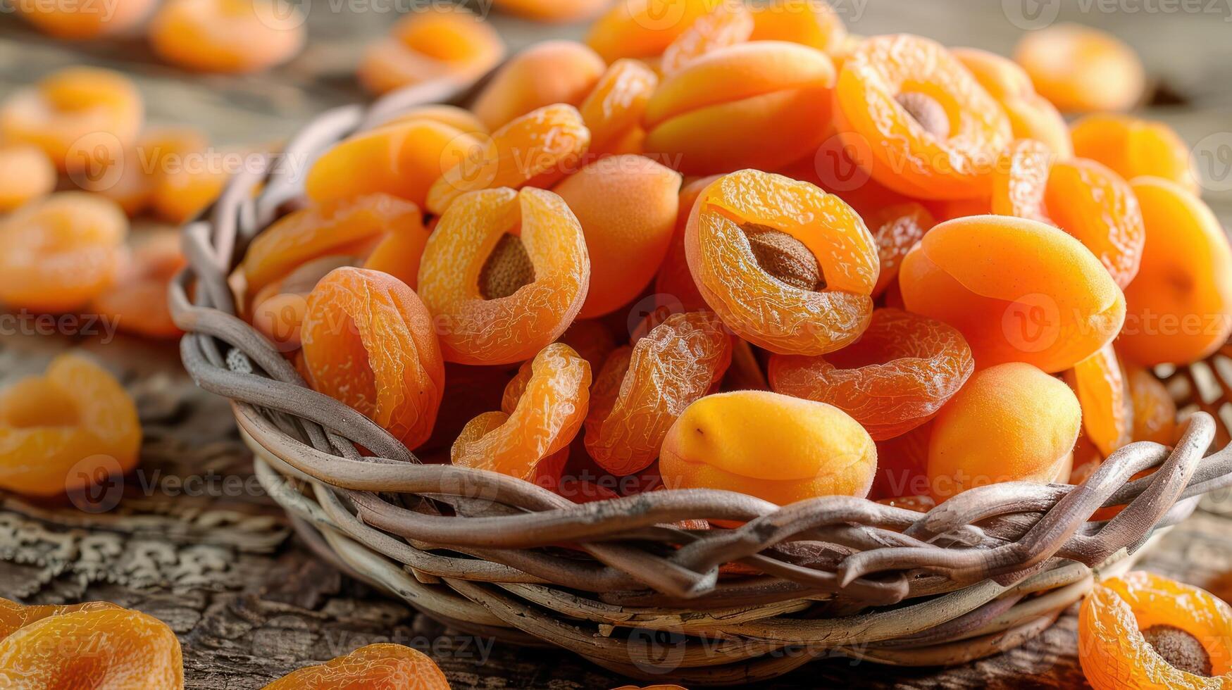 A woven basket filled with dried apricots on a rustic wooden surface. photo