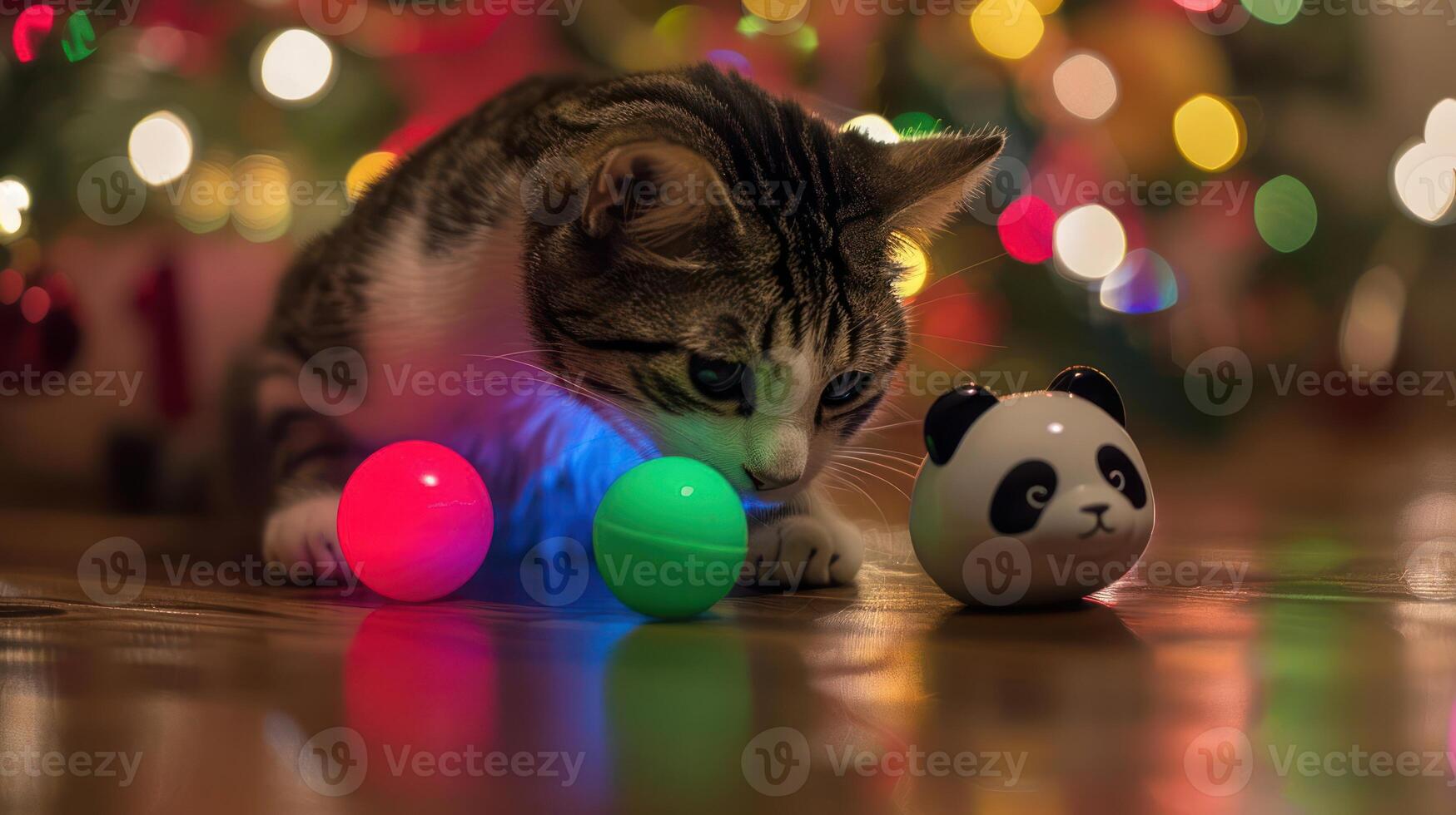A playful cat interacting with colorful balls and a panda figurine, set against festive lights. photo