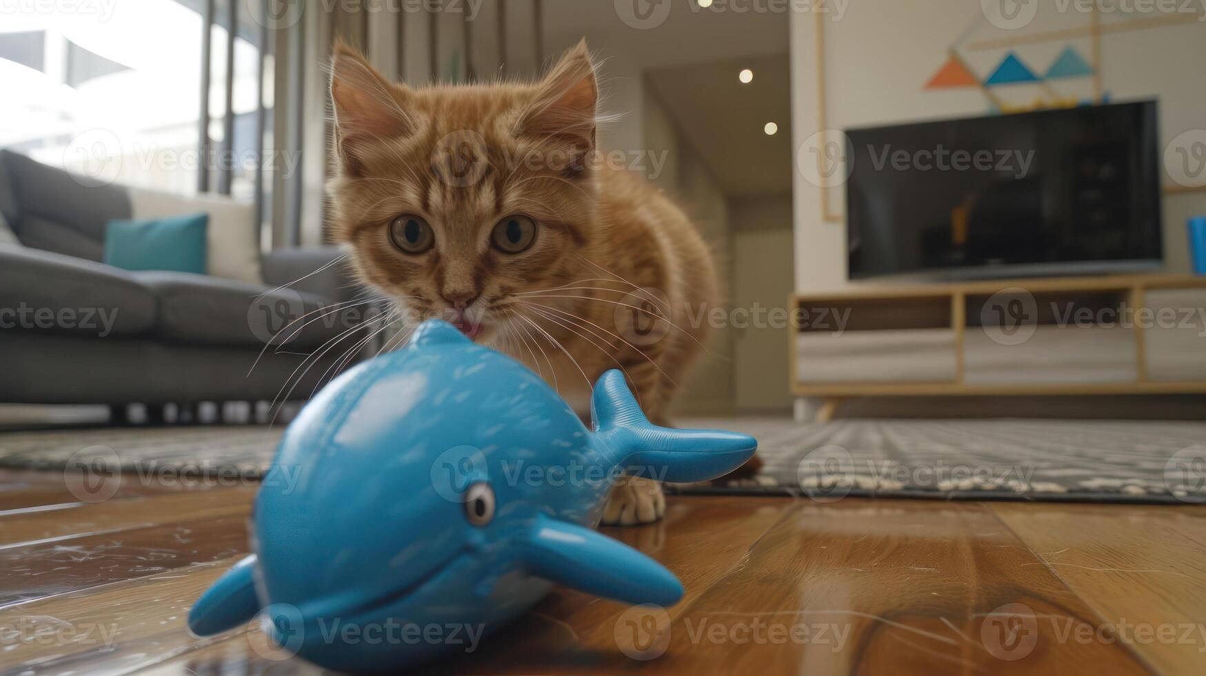 A playful orange cat interacts with a blue whale toy in a cozy living room. photo