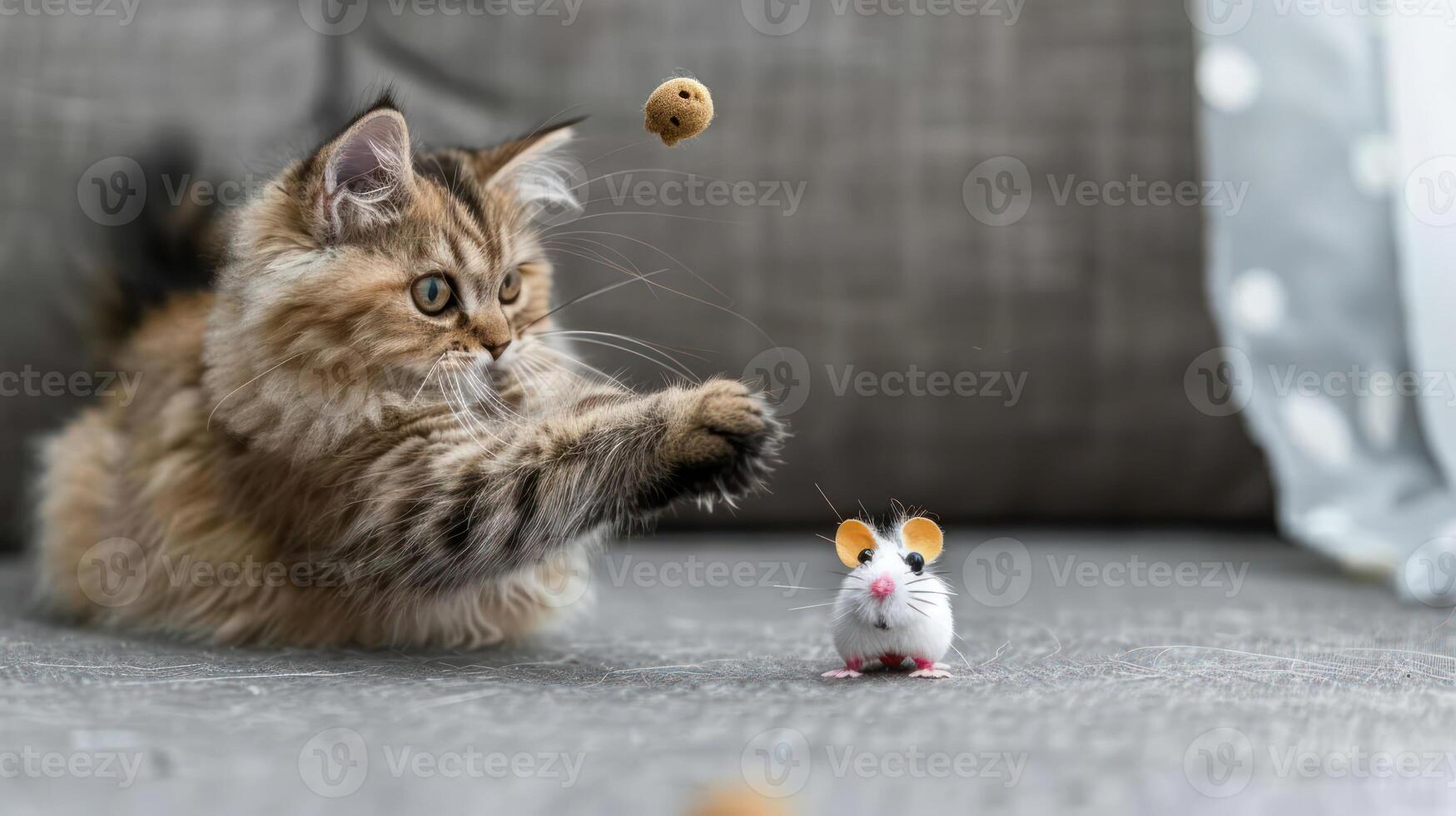 A playful kitten reaches for a toy mouse while a treat is tossed in the air. photo