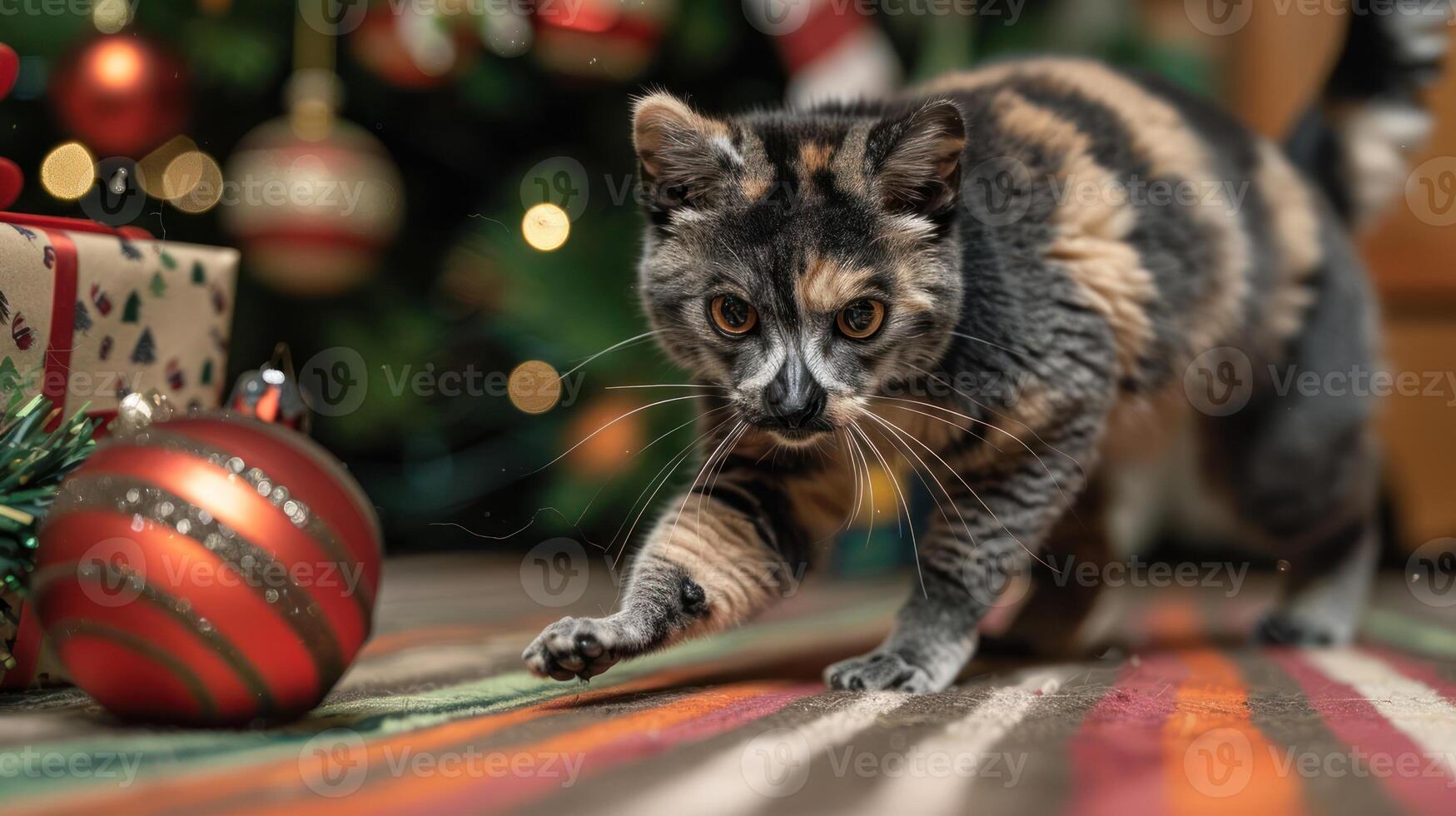 A playful cat approaches a shiny ornament near a decorated Christmas tree. photo