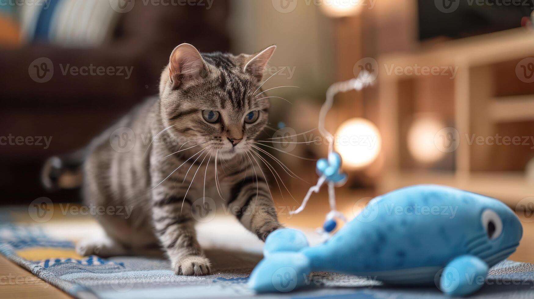 A playful cat approaches a blue whale toy in a cozy indoor setting. photo
