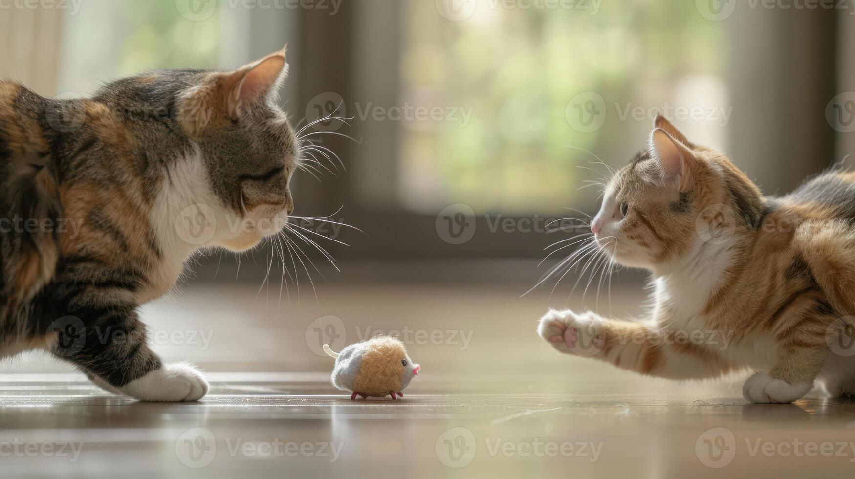 Two playful cats interact with a small toy on a wooden floor. photo