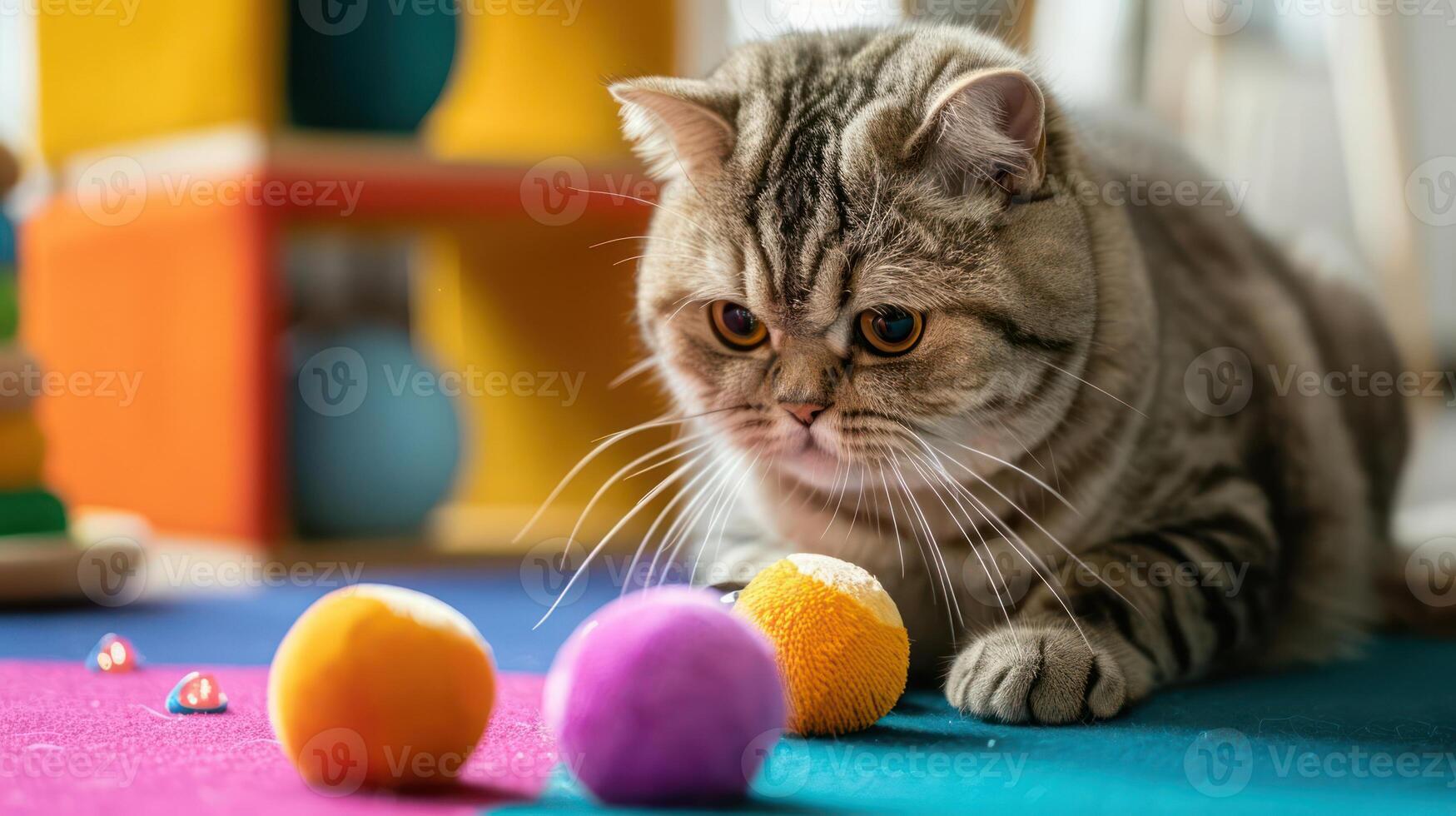 A focused cat observes colorful toys on a vibrant play surface. photo