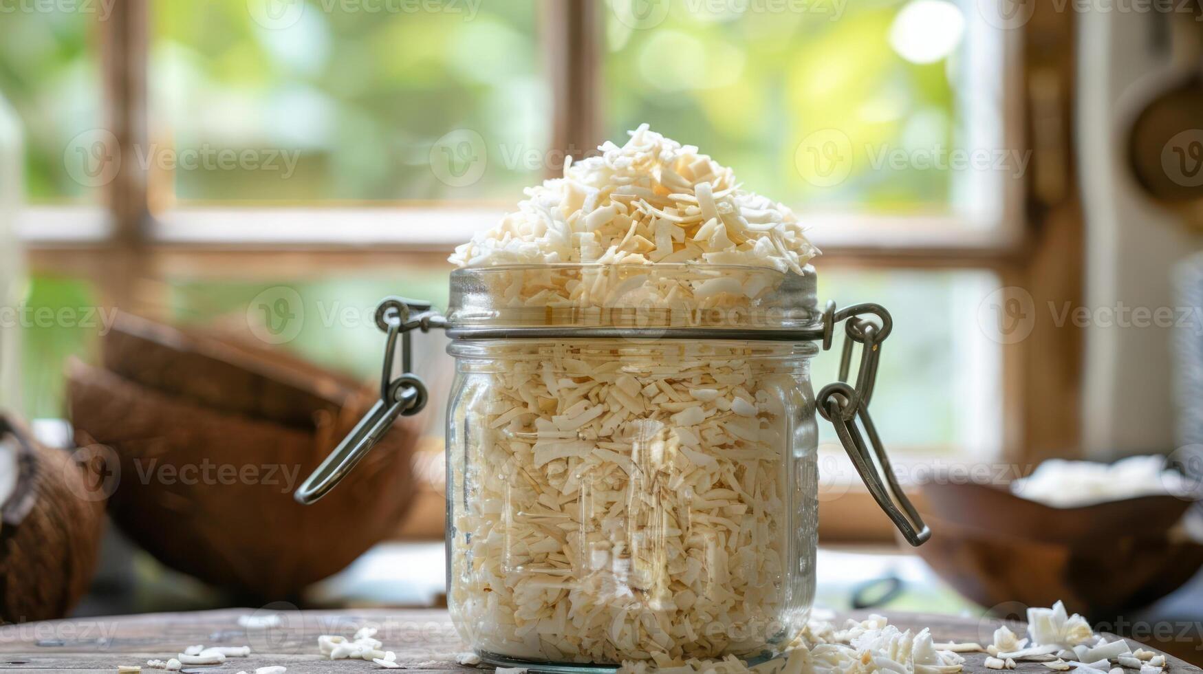 A jar filled with shredded cheese, set against a rustic kitchen backdrop. photo