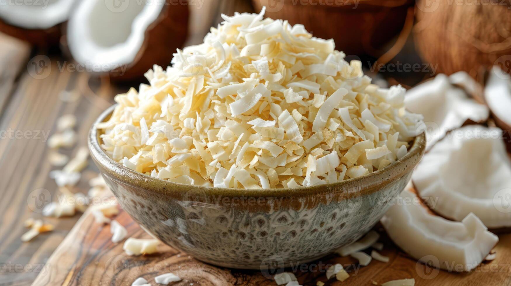 A bowl of shredded coconut surrounded by whole coconuts on a wooden surface. photo