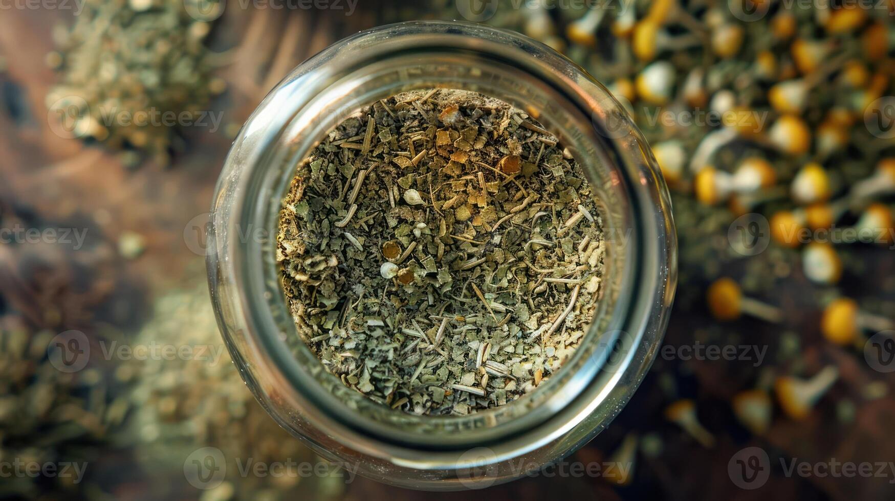 A close-up of dried herbs in a glass jar, surrounded by chamomile flowers. photo