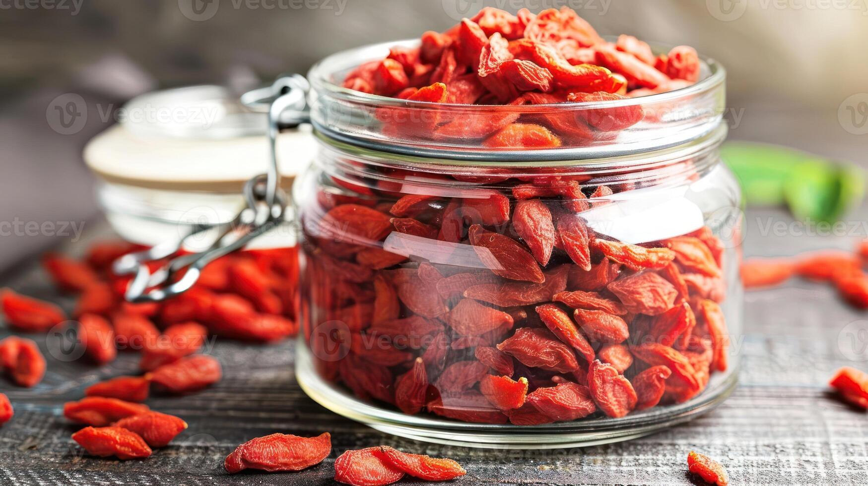 A glass jar filled with dried goji berries, surrounded by scattered berries on a wooden surface. photo