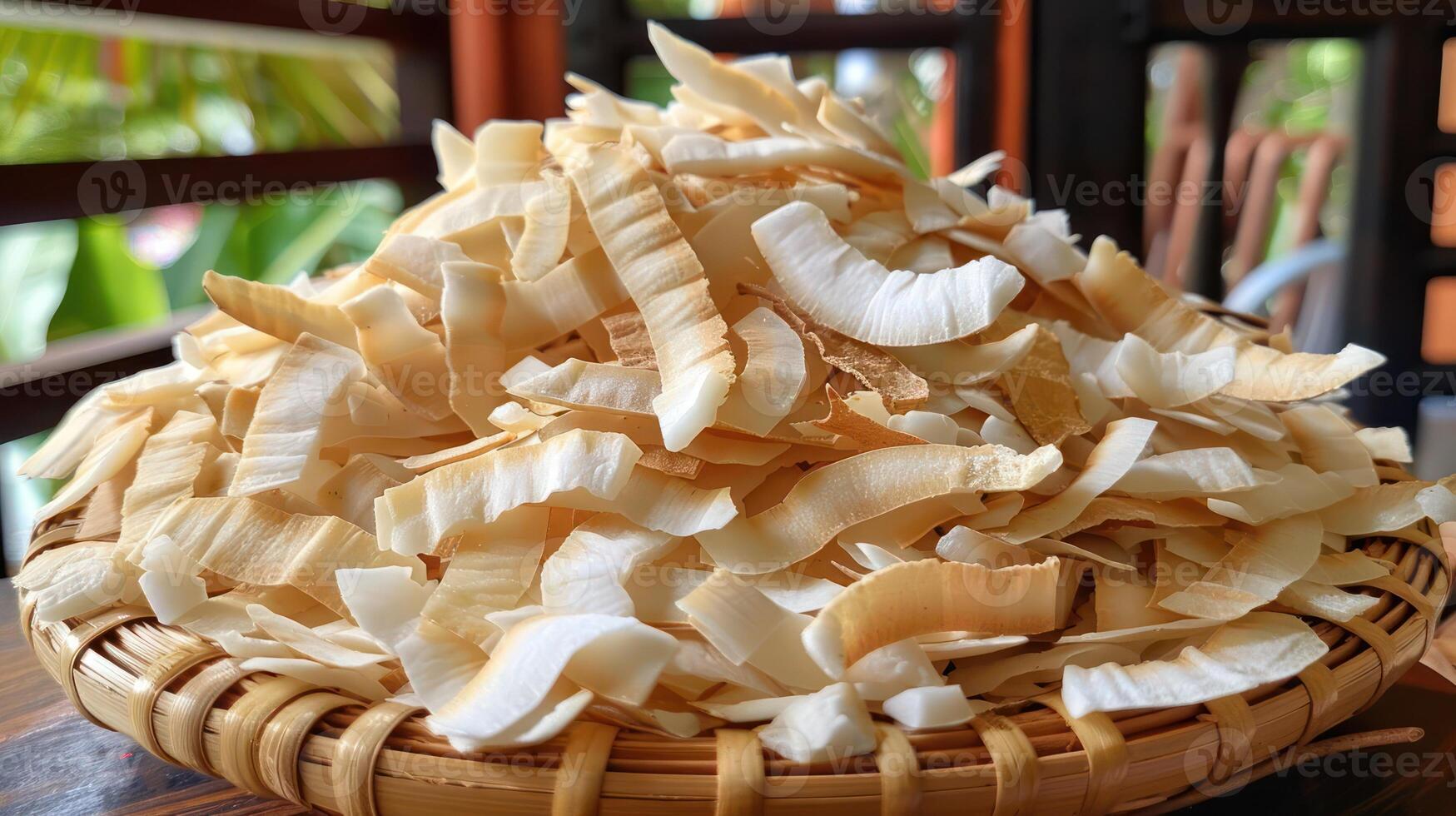 A large basket filled with dried coconut slices, ready for culinary use or snacks. photo