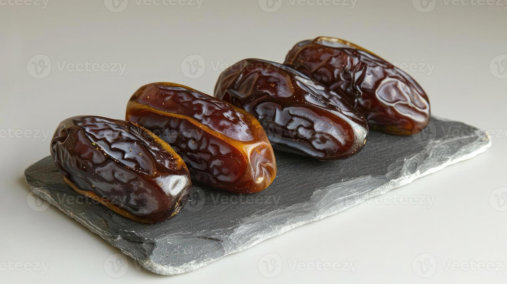 A close-up of four dates arranged on a slate serving board. photo