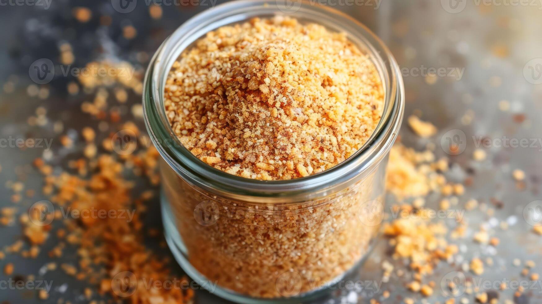 A jar filled with brown sugar, surrounded by scattered granules. photo
