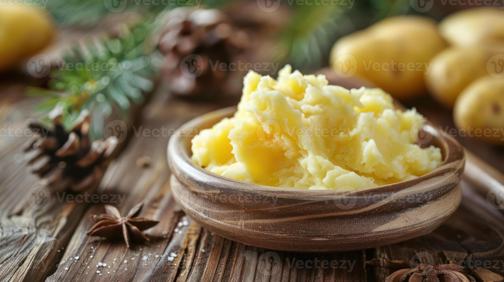 A bowl of creamy mashed potatoes on a wooden table, surrounded by pinecones and potatoes. photo