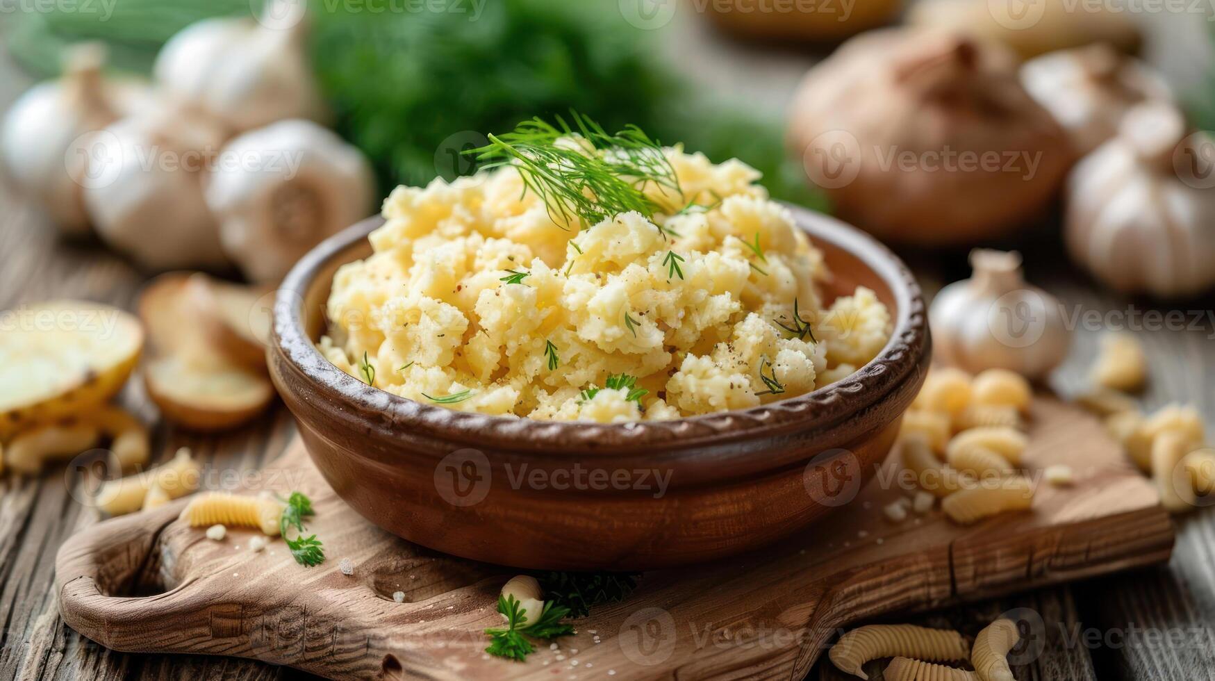 A bowl of creamy mashed potatoes garnished with herbs, surrounded by garlic and other ingredients. photo